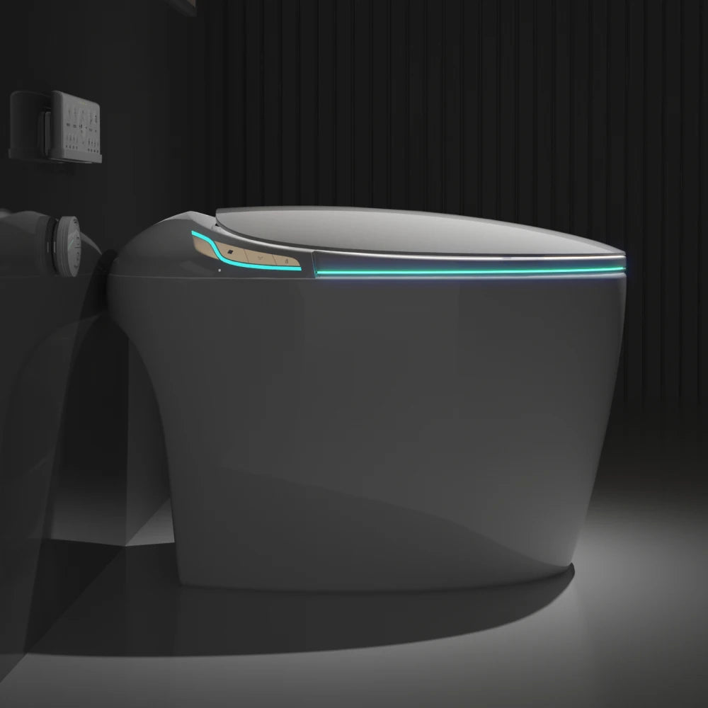 Unique Smart Toilet with Built In Bidet, Intelligent One Piece Toilet For Modern Bathroom, Auto Open/Close Seat, Foot Sensor