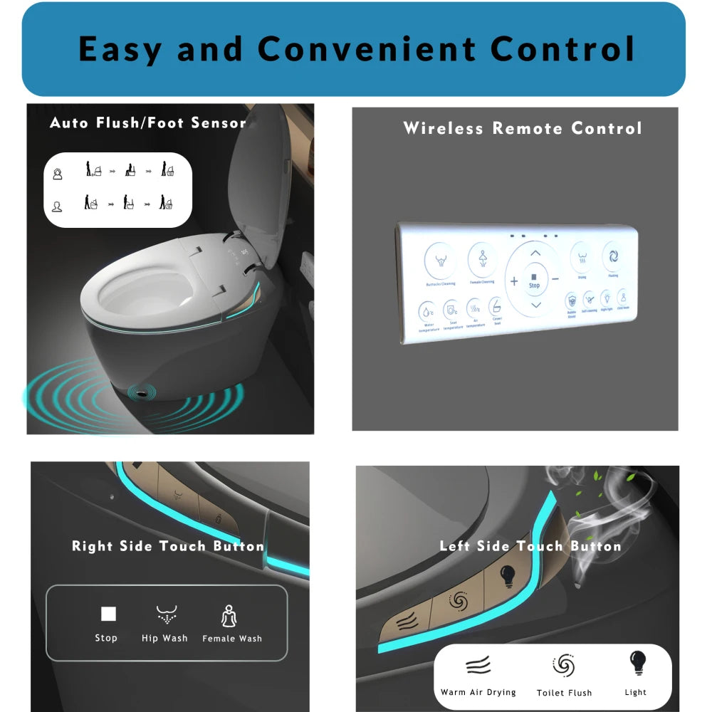 Unique Smart Toilet with Built In Bidet, Intelligent One Piece Toilet For Modern Bathroom, Auto Open/Close Seat, Foot Sensor